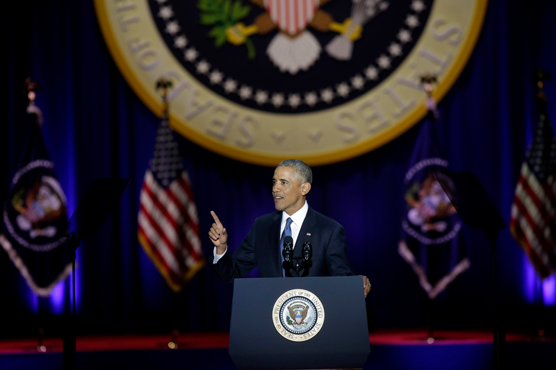 President Barack Obama speaks during his farewell address in Chicago on Jan. 10, 2017. Barack Obama closes the book on his presidency with a farewell speech in Chicago that will try to lift supporters shaken by Donald Trump's shock election. JOSHUA LOTT/AFP/Getty Images